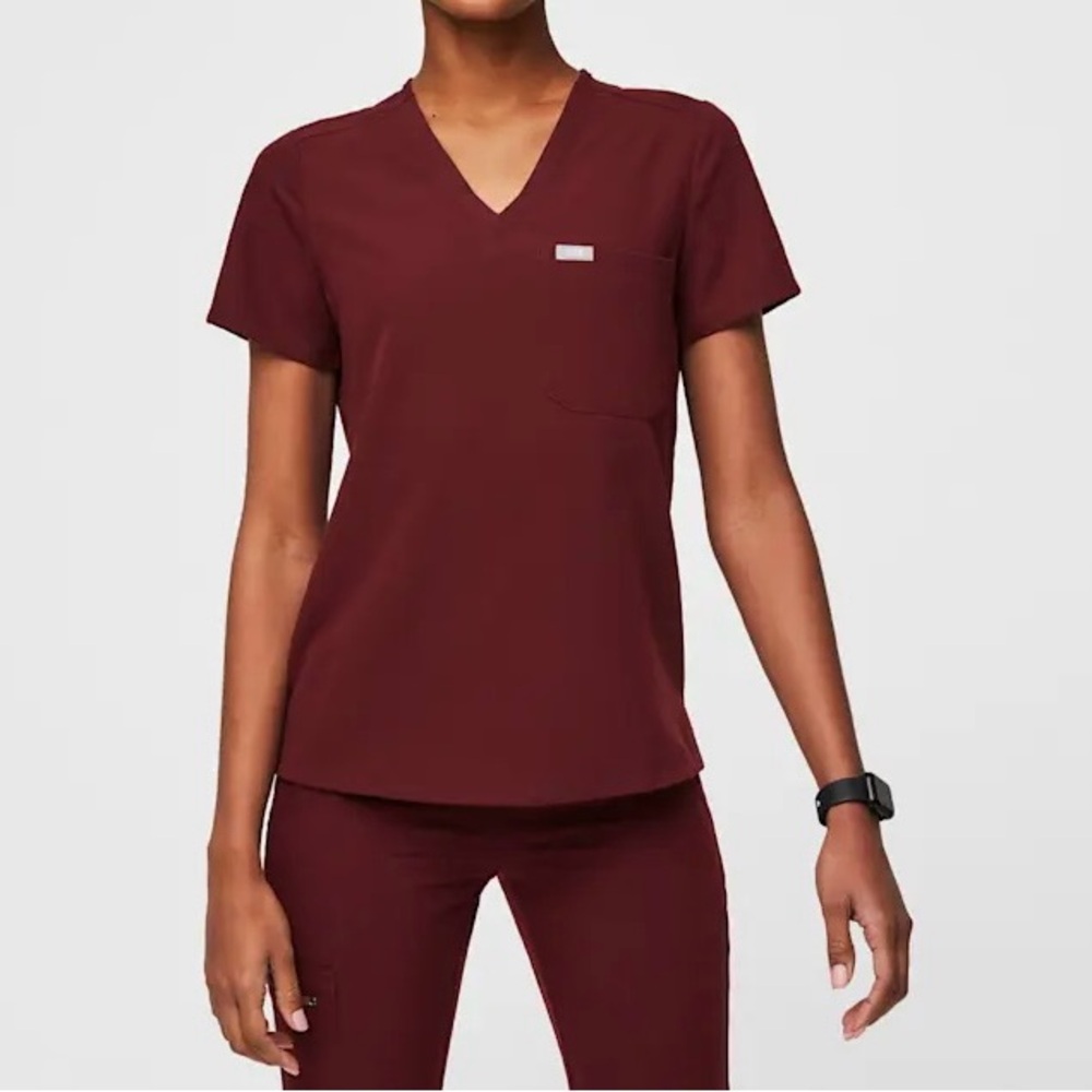 Figs Burgandy V-Neck Scrub Top one pocket